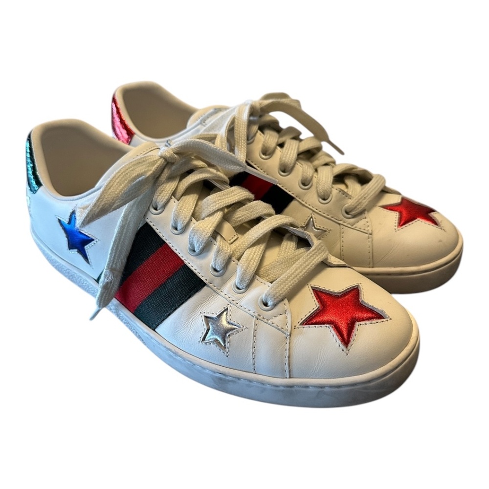 Gucci Ace Star Sneakers – White & Metallic Red/Green Leather – Size 44 EU (US 11